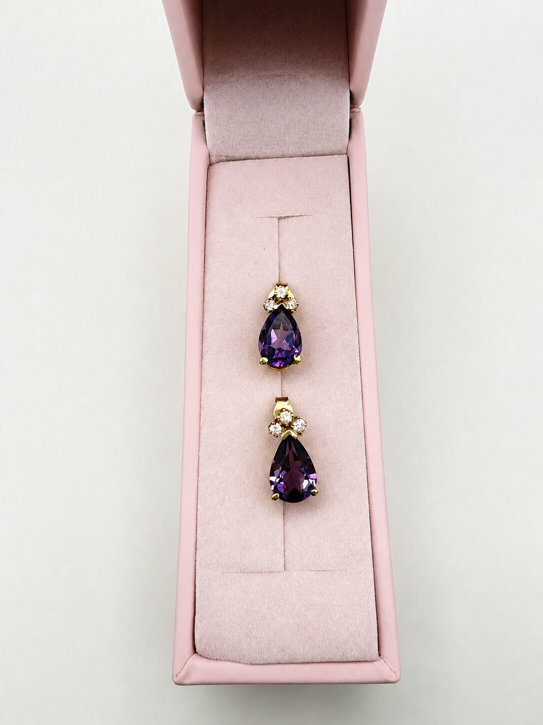 14k Yellow Gold Pear Amethyst & Diamond Teardrop Earrings — full view
