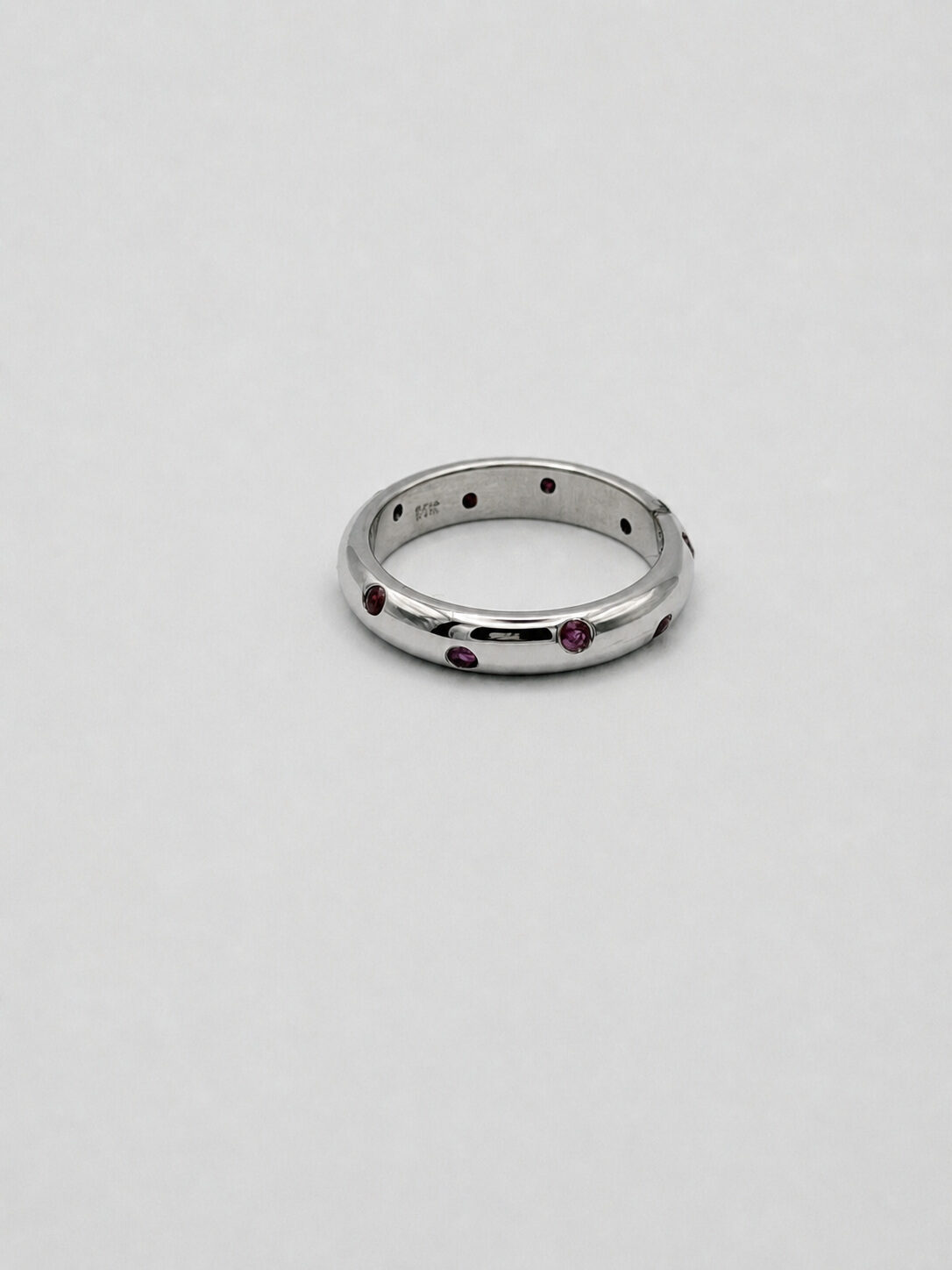 14k White Gold Flush-Set Ruby Spaced Band — Size 7 — full view