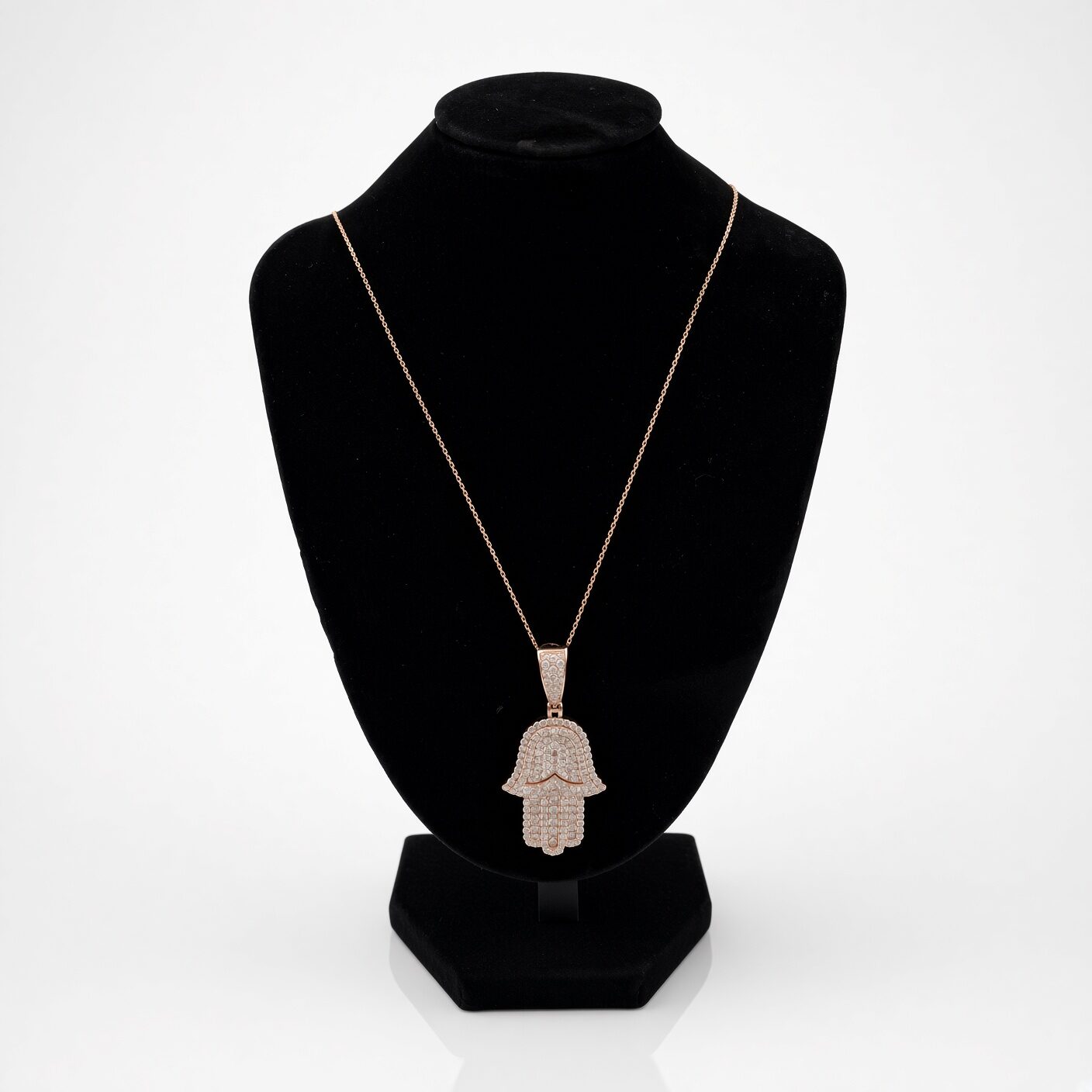 14k Rose Gold Diamond Hamsa Pendant Necklace — 3.00 ctw — full view