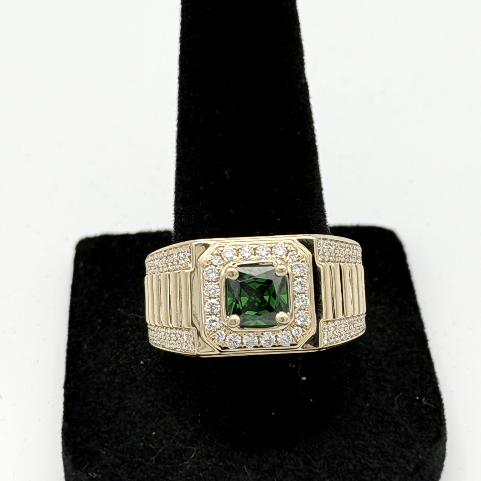 Men's Size 9 14k Yellow Gold 1 ct Cushion Emerald & Diamond Ring — 0.57 ctw Diamonds — full view