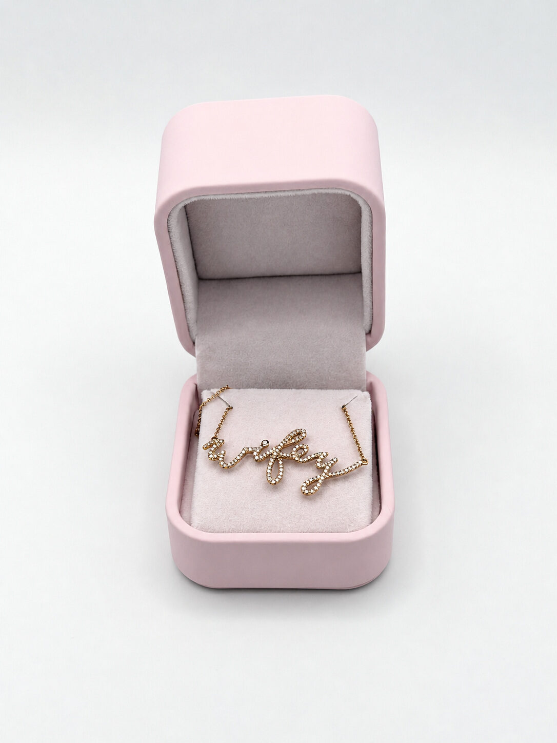 14k Yellow Gold Diamond “Wifey” Script Necklace — full view