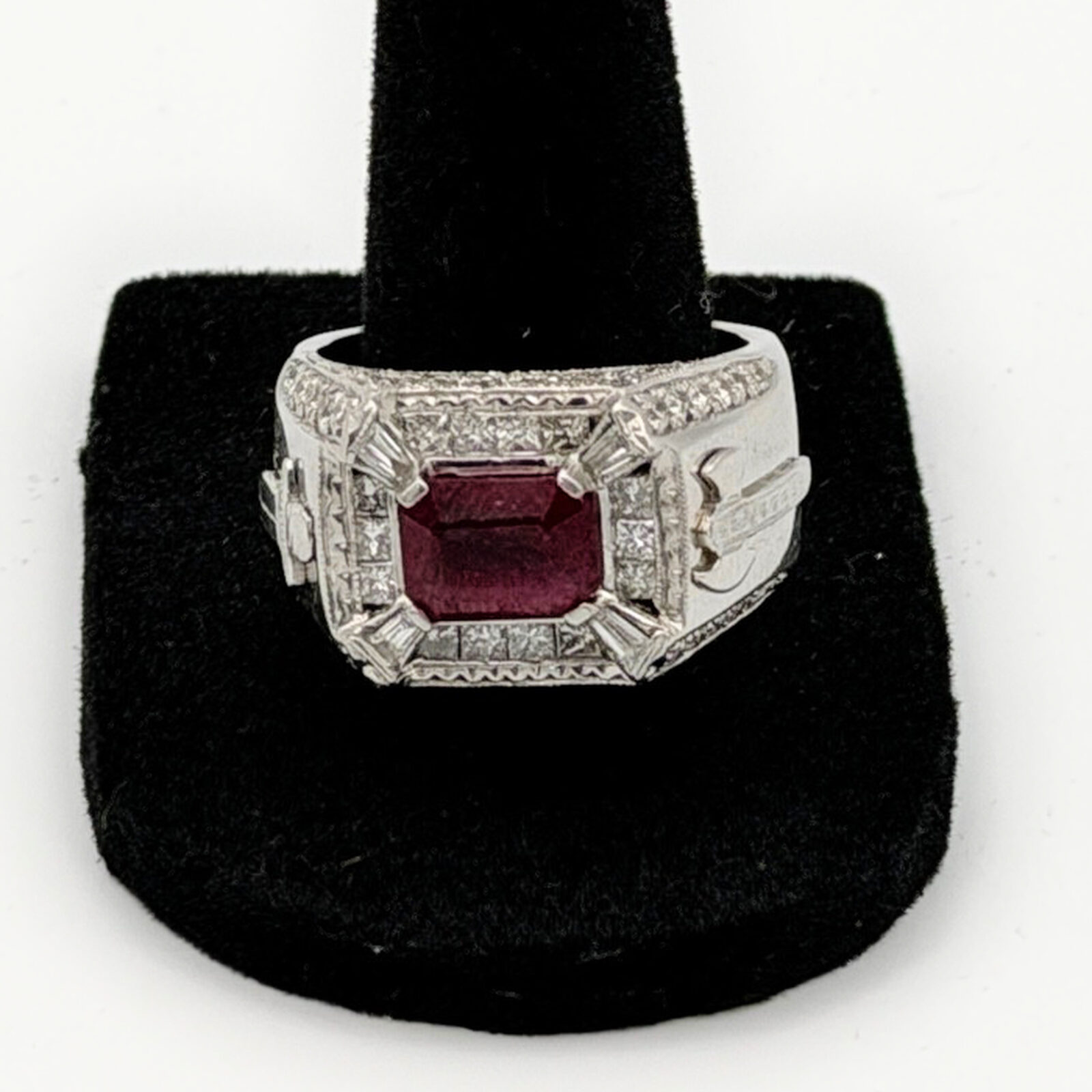 18K White Gold Treated Ruby & Natural Diamond Mens Ring — Size 10 — full view