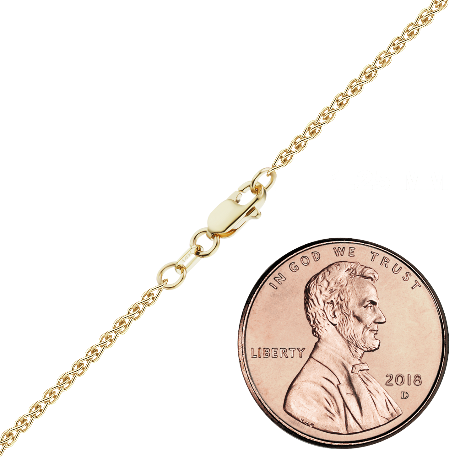 Solid 14K Yellow Gold Wheat Chain, 1.25 mm representative photo