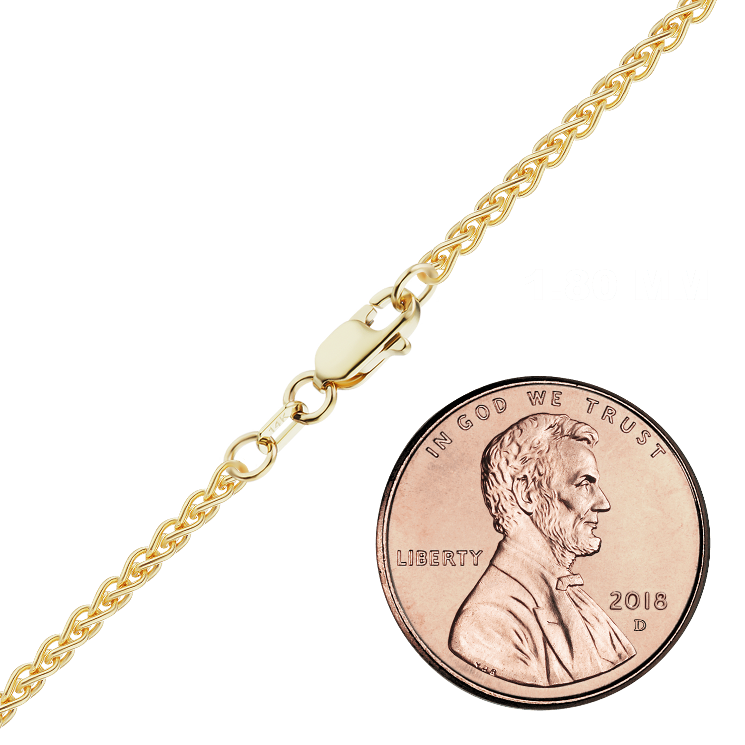 Solid 14K Yellow Gold Wheat Chain, 1.8 mm representative photo