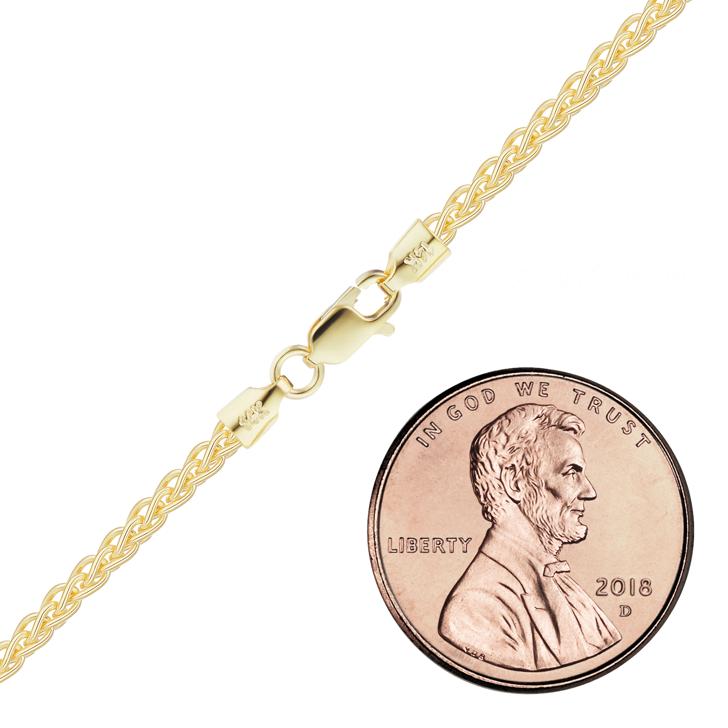Solid 14K Yellow Gold Wheat Chain, 2 mm representative photo