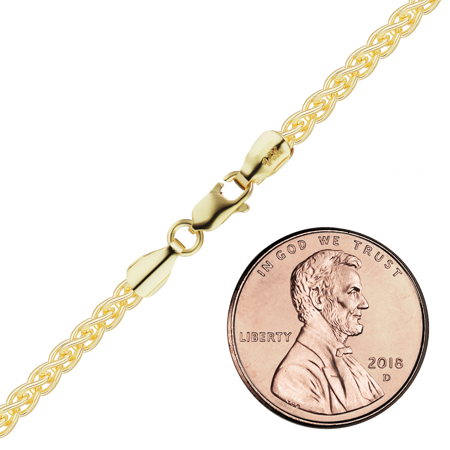 Solid 14K Yellow Gold Wheat Chain, 2.65 mm representative photo