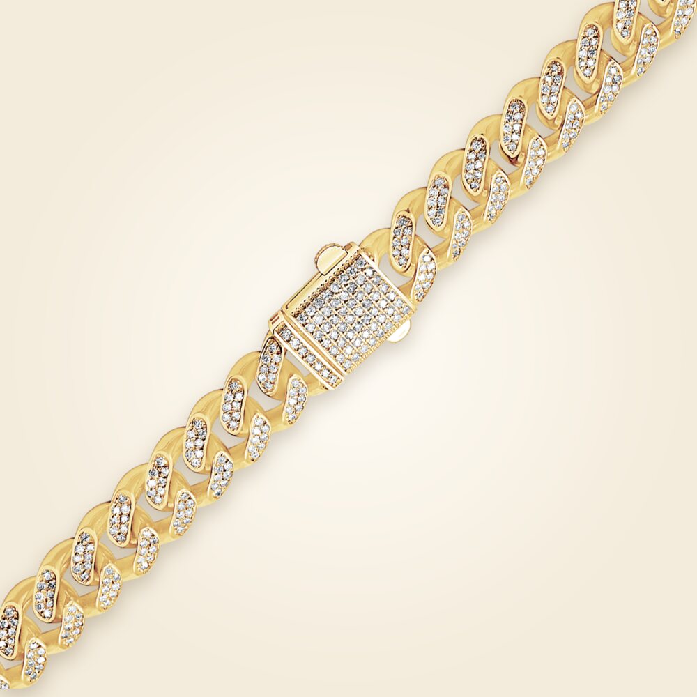 Handmade Semi-Solid Cuban Curb Bracelet with Diamonds in 14K Yellow Gold (6.00 mm - 19.00 mm), shown in 14K Yellow Gold