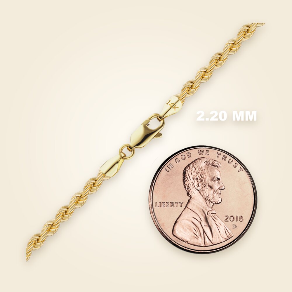 Handmade Semi-Solid Rope Bracelet in 14K Yellow Gold (2.20 mm - 4.20 mm), shown in 14K Yellow Gold